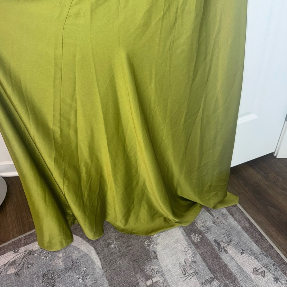 Ieena for Mac Duggal One Shoulder A-Line Long Sleeve High Chartreuse Satin Dress - Picture 9 of 15